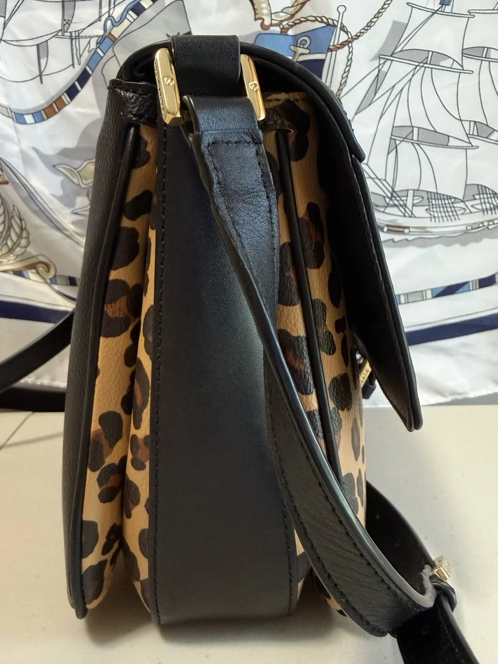 Tory Burch Black Leather Crossbody with Leopard Print Panel